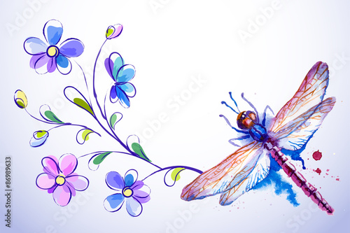 Horizontal card with dragonfly and blue flowers