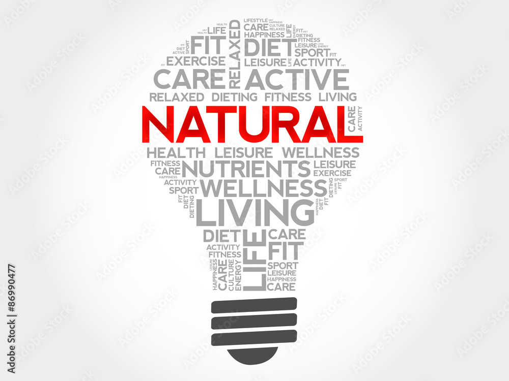 NATURAL bulb word cloud, health concept NATURAL bulb word cloud, health concept