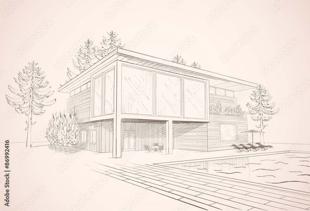 Vector sepia sketch of house with swimming pool