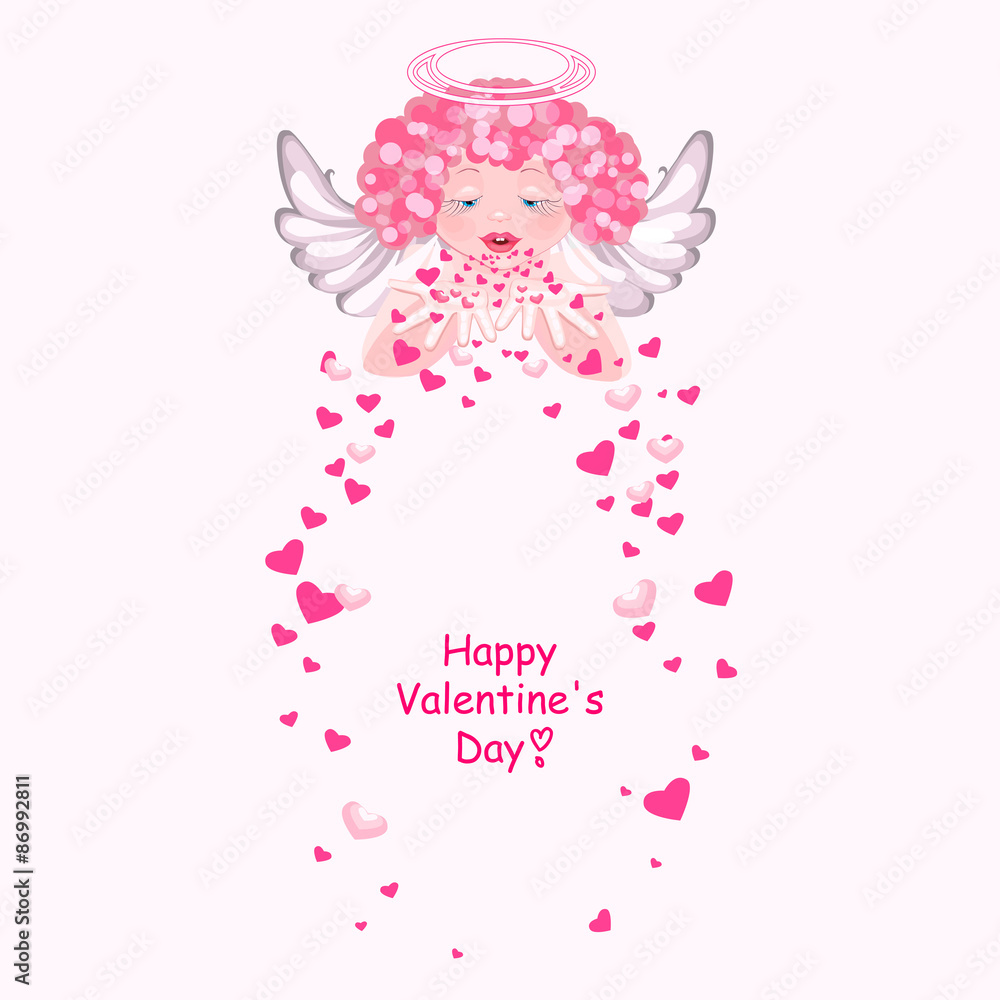 Cute angel scatters hearts. Fluttering hearts. Greetings Valenti Cute angel scatters hearts. Fluttering hearts. Greetings Valenti
