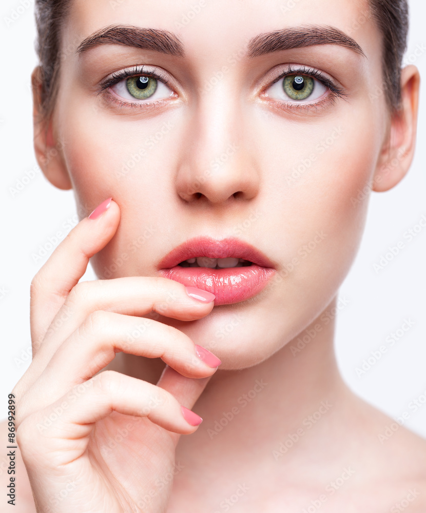 Young beautiful woman with day makeup and  green pistachio colou