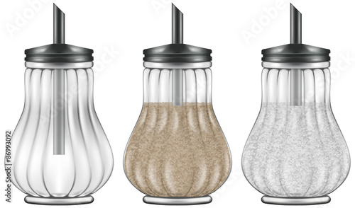 Glass and steel sugar dispenser in three versions - empty, brown cane sugar and refined white sugar varieties.