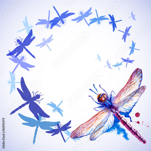 Flying Purple Watercolor Dragonflies
