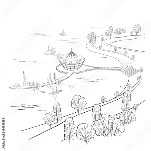 Vector linear landscape with quay and boats