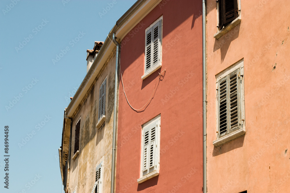 Buildings view from the streets of the city of Rovinj located in Croatia, situated on the Adriatic Sea