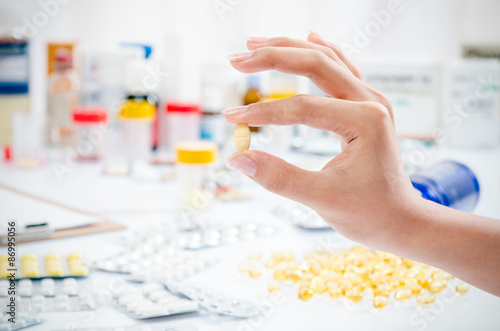 woman’s hand holding a yellow pain killer
