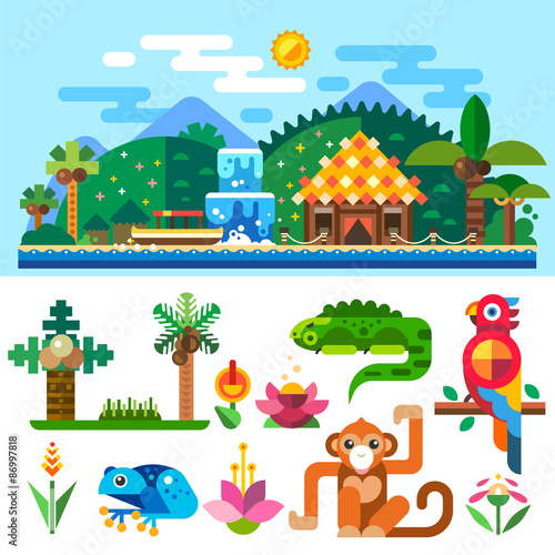 Tropical landscape, bungalows in the mountains and palm trees near the ocean