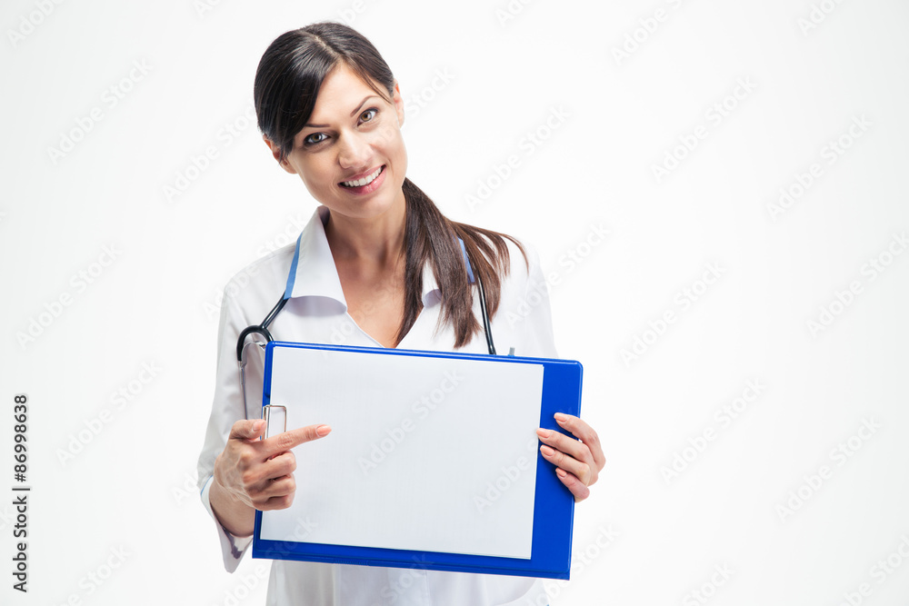 Female doctor pointing finger on clipboard Female doctor pointing finger on clipboard