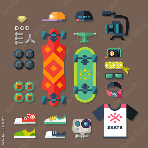 Skateboarder set. Stuff and clothes for riding on the board