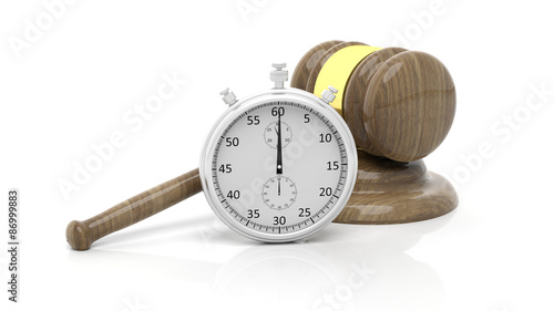 Silver chronometer with wooden gavel, isolated on white