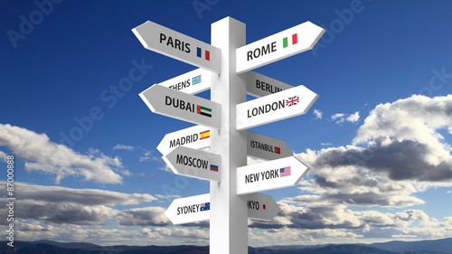 White signpost with various city names on blue sky background