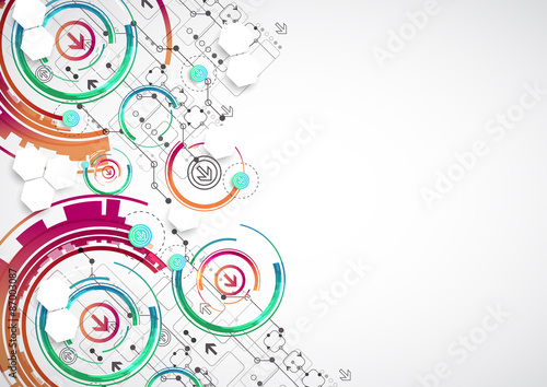 Abstract color background with various technological elements.