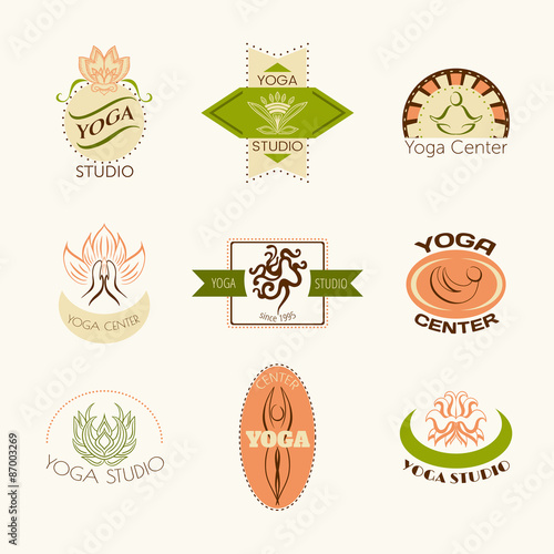 Set of logos for yoga studio or meditation class. Modern fitness badges collection made in vector. Yoga vector logotype template.