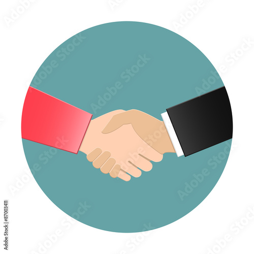 Businesswoman and businessman shaking hands. Vector handshake icon in flat design.