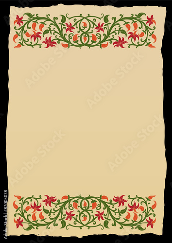 Floral frame in medieval style. Ornament of interwoven stems, foliage and flowers. Vector edging, design element and page decoration