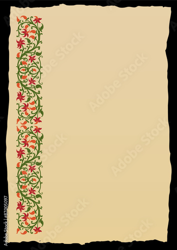 Floral frame in medieval style. Ornament of interwoven stems, foliage and flowers. Vector edging, design element and page decoration