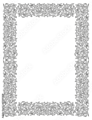 Floral frame in medieval style. Ornament of interwoven stems, foliage and flowers. Vector edging, design element and page decoration