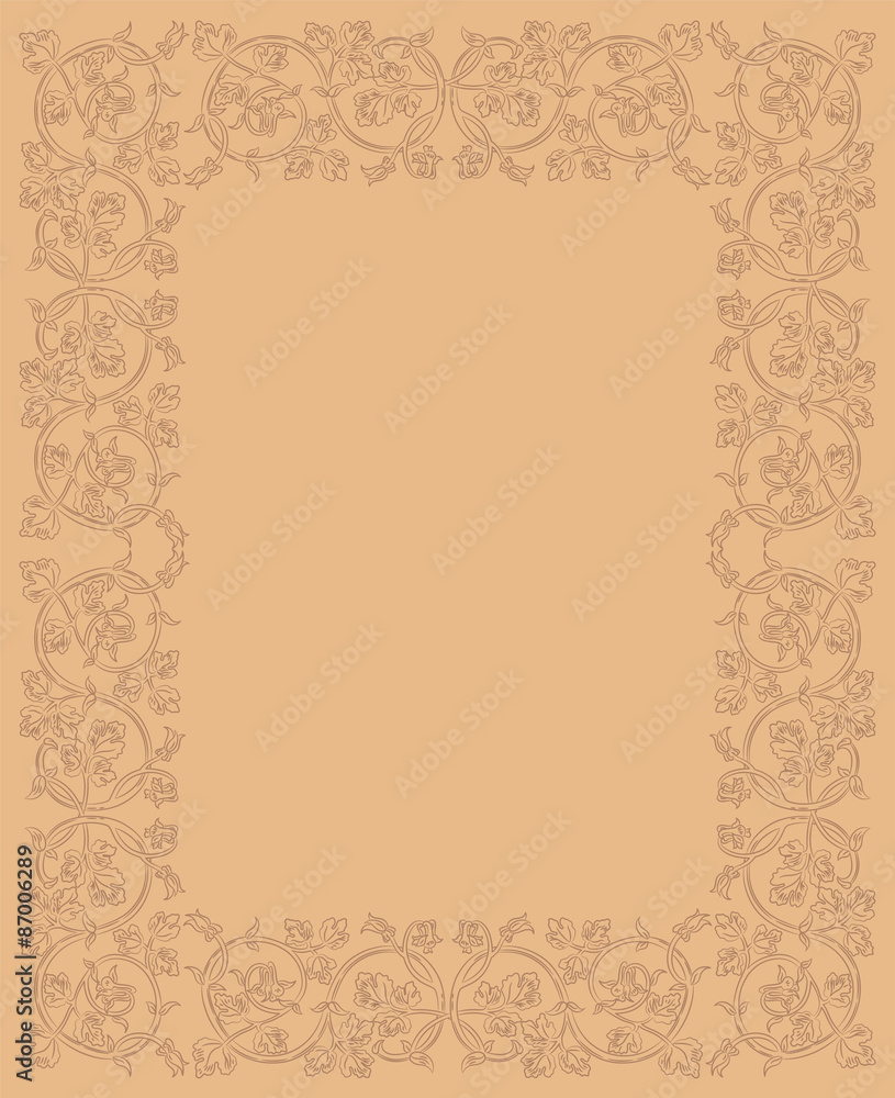 Floral frame in medieval style. Ornament of interwoven stems, foliage and flowers. Vector page decoration Floral frame in medieval style. Ornament of interwoven stems, foliage and flowers. Vector page decoration