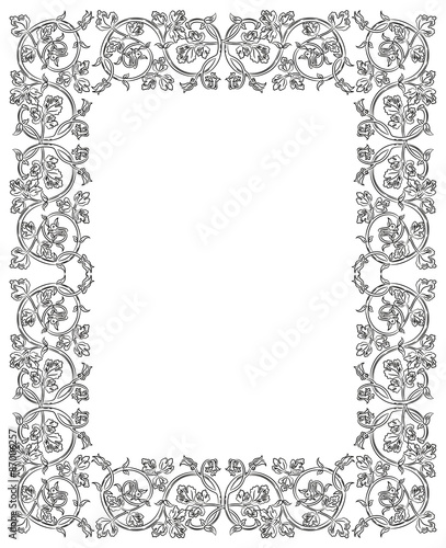 Floral frame in medieval style. Ornament of interwoven stems, foliage and flowers. Vector edging, design element and page decoration