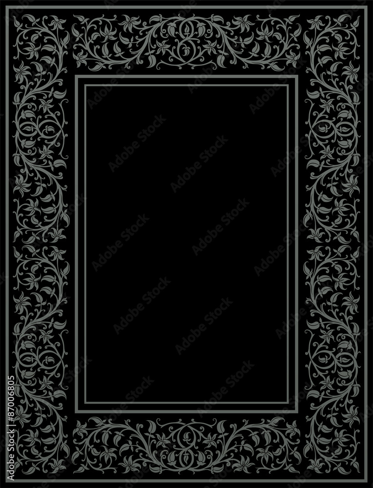 Floral frame in medieval style. Ornament of interwoven stems, foliage and flowers. Vector page decoration Floral frame in medieval style. Ornament of interwoven stems, foliage and flowers. Vector page decoration