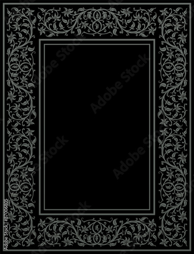 Floral frame in medieval style. Ornament of interwoven stems, foliage and flowers. Vector page decoration