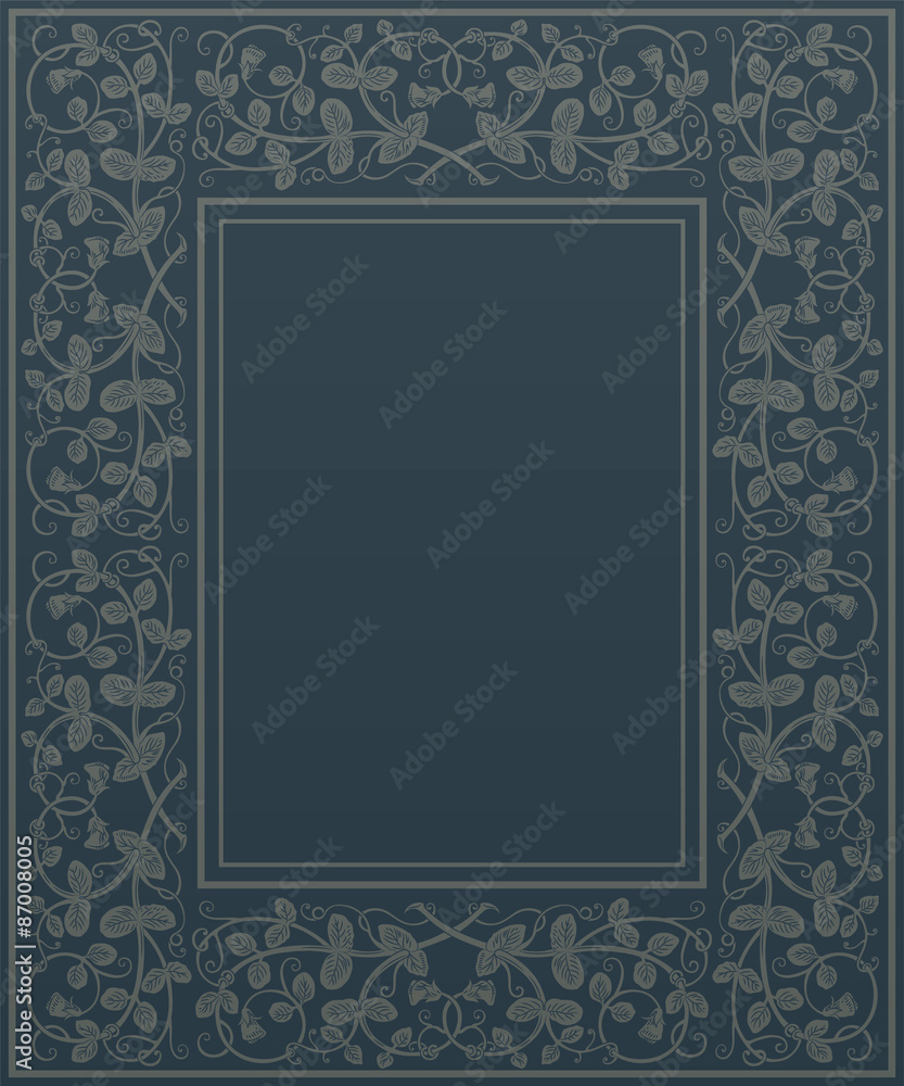 Floral frame in medieval style. Ornament of interwoven stems, foliage and flowers. Vector page decoration