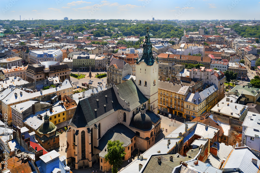 Air view on the Cathedral and the Lviv City
