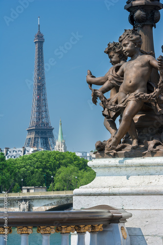Pont Alexandre III (Lamp post details) and Eiffel Tower, Paris F
