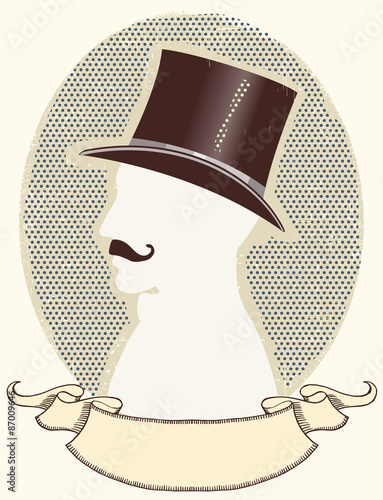 Gentleman in a top black hat and mustache.Vector face silhouette