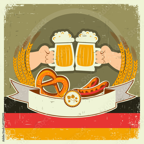 vintage oktoberfest background with hands and beers.Vector illus