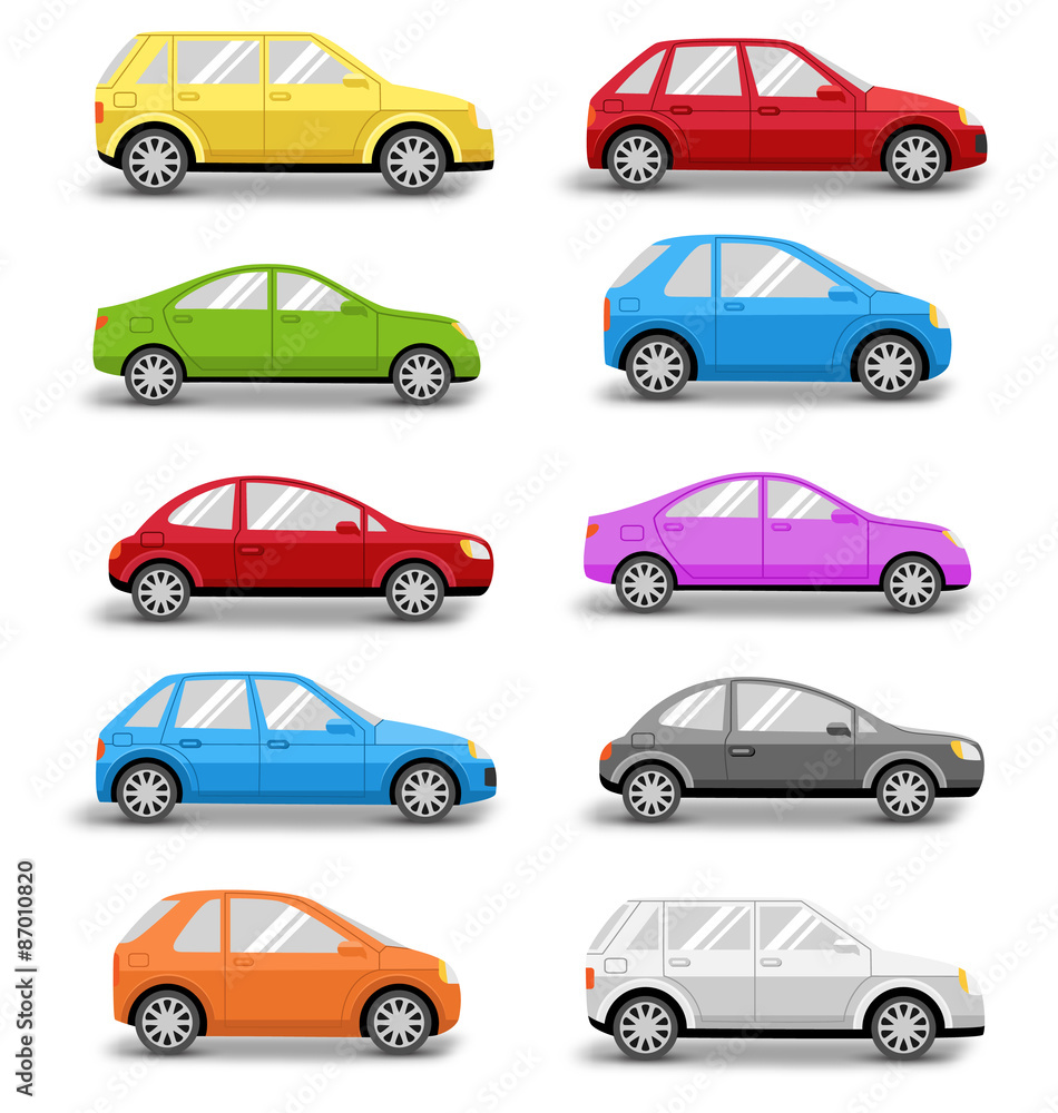 Multicolored Cars Collection with Shadow Isolated on White Backg