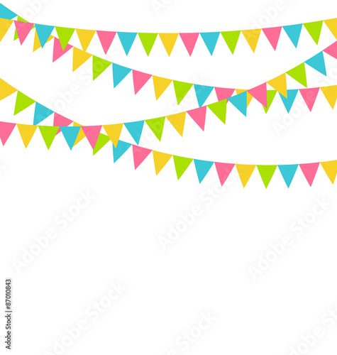 Multicolored bright buntings flags garlands isolated on white ba