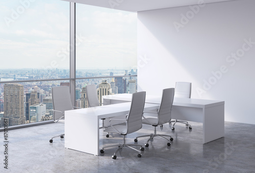 Modern office interior with huge windows and New York panoramic view. A concept of CEO workplace. 3D rendering. © ImageFlow