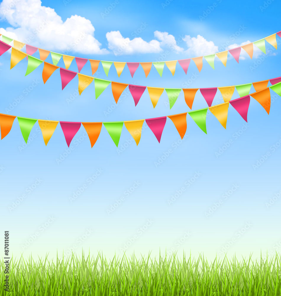 Green grass lawn with bright buntings clouds on blue sky