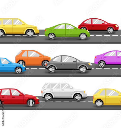 Multicolored Cars on Road. Transport Background