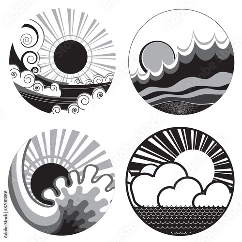 sun and sea waves. Vector black white graphic icons of  illustra