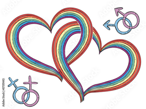 Rainbow hearts with gay symbols.Vector isolated on white