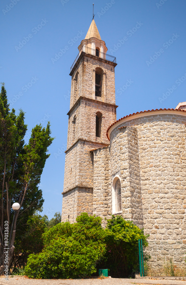 Catholic church exterior, bell tower. Sartene