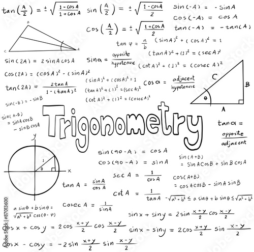 Trigonometry law theory and mathematical formula equation, doodle handwriting sheet