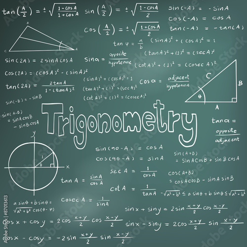 Trigonometry law theory and mathematical formula equation, doodle handwriting vector