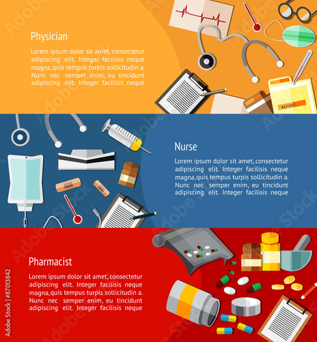 Physicians such as doctor, nurse, and pharmacist website banner background vector