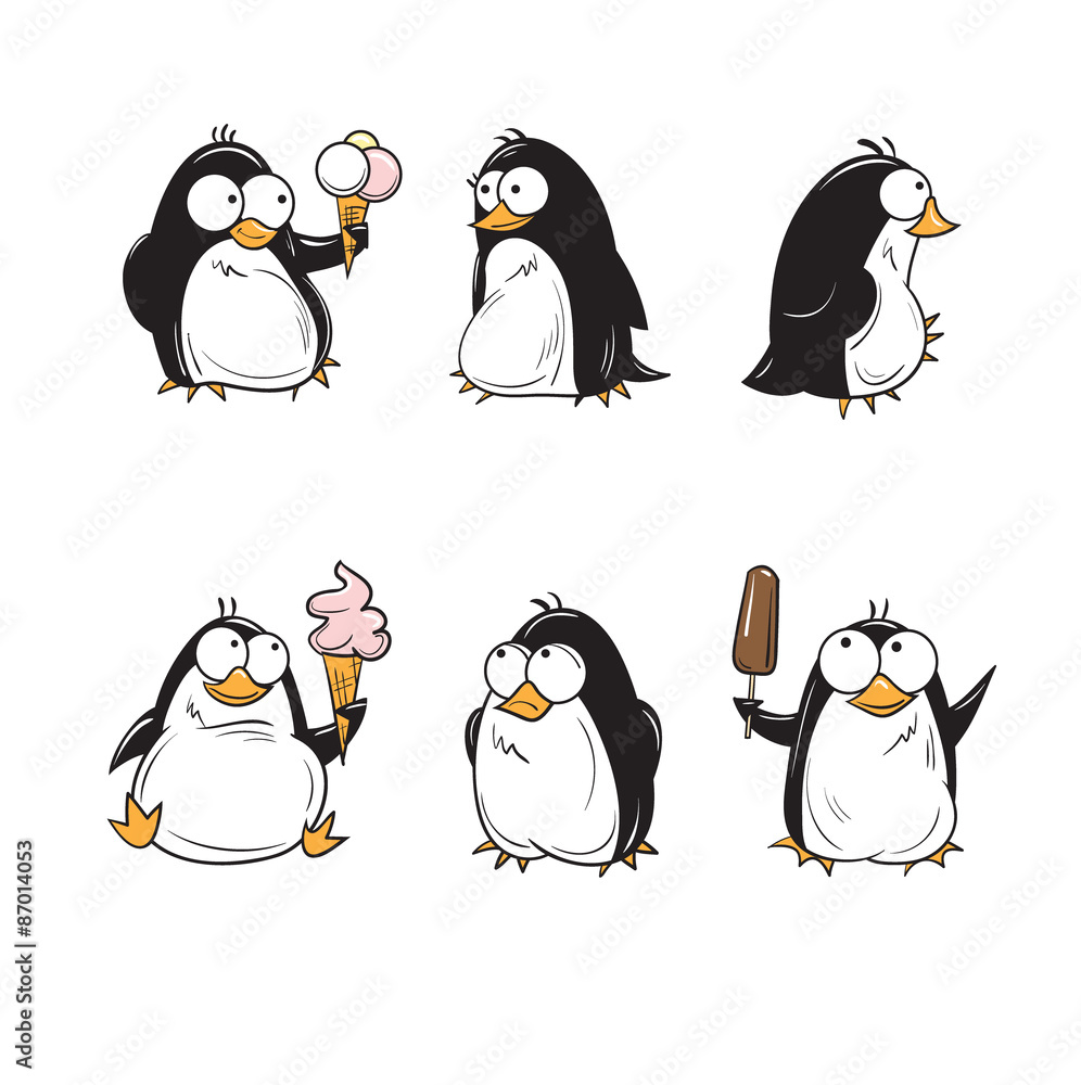 Set with cute cartoon penguins with ice cream. Set with cute cartoon penguins with ice cream.