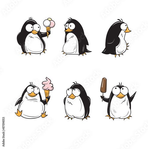 Set with cute cartoon penguins with ice cream.