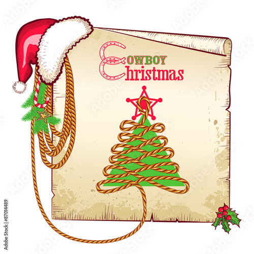 Christmas western background with red Santa hat and holiday deco