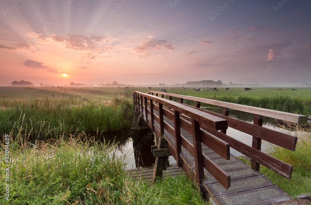 bike bridge over river at sunrise