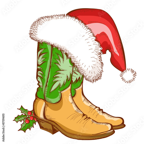 Christmas Cowboy boots and Santa hat