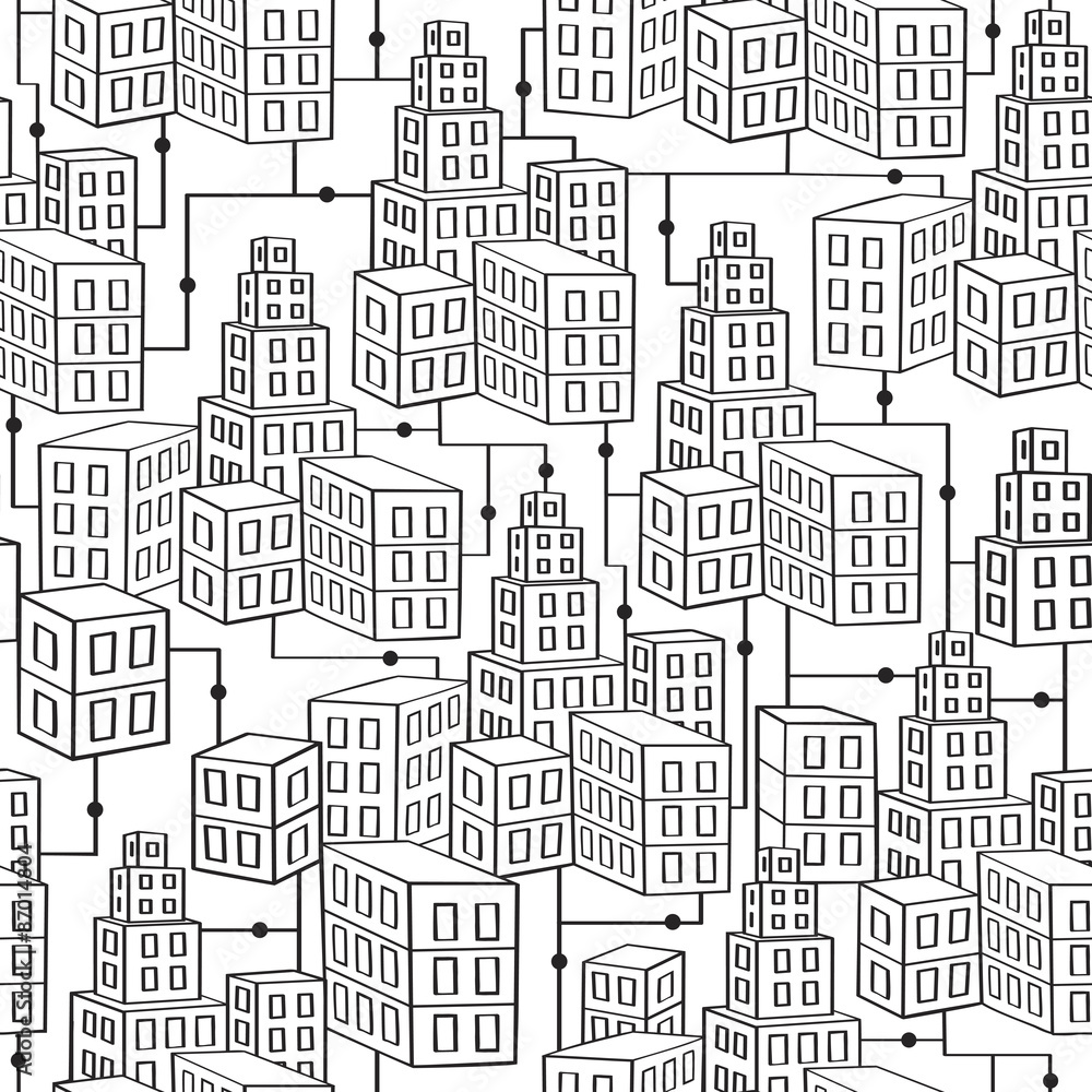 City seamless pattern. Wifi Internet Connectivity concept. Hand drawn houses