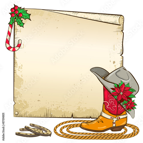 Christmas paper background with horseshoes and cowboy boot