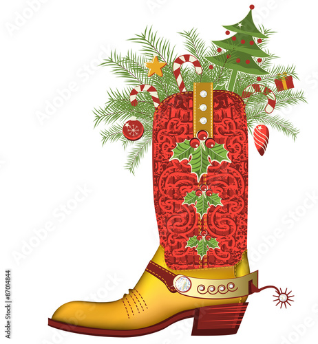 Christmas cowboy boot.Luxury shoe isolated on white