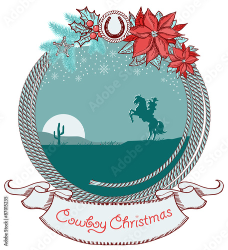 American cowboy Christmas card background with cowboy on horse